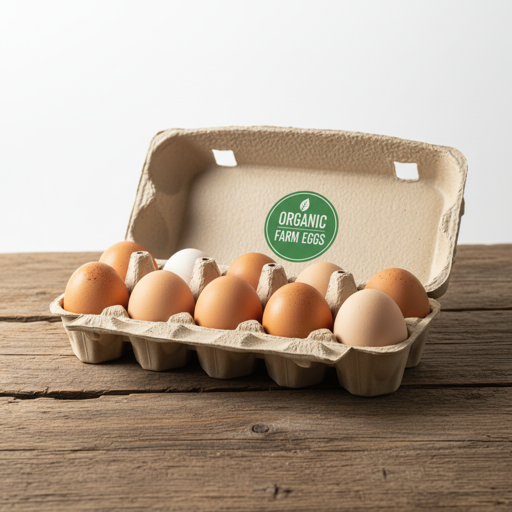 Dozen organic farm eggs in an open cardboard carton with organic label