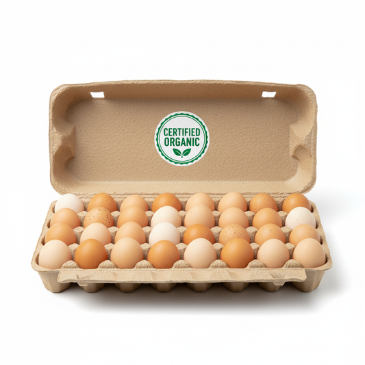 Flat of 30 organic farm eggs in a cardboard tray